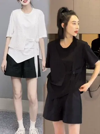 设计感小众日系宽松休闲拼接马甲不规则纽扣短袖T恤假两件2023潮商品大图