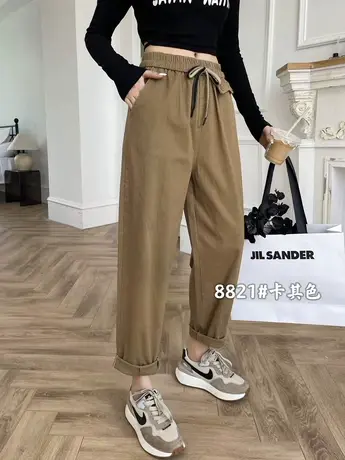 2023秋季新款文艺复古休闲裤女高腰系带松紧腰哈伦裤百搭长裤子潮图片