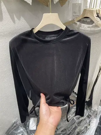 设计感短款金丝绒黑色长袖T恤女2023秋新款个性抽绳系带垫肩上衣图片