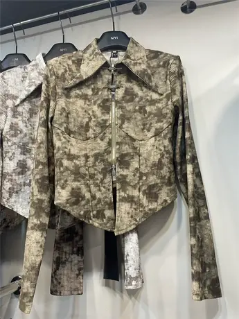 尖领长袖打底衫2023秋季新款复古扎染修身显瘦带垫肩拉链开衫上衣图片