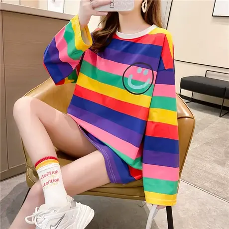 2023年秋季新款宽松小众设计感春秋衣外穿彩虹条纹长袖t恤女上衣图片