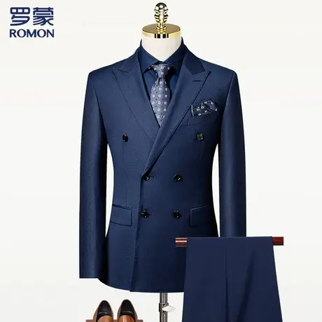 罗蒙男士西装气质时尚修身含羊毛双排扣套装西服男商品大图