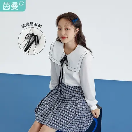 茵曼宽松女2023春季新款刺绣大披肩翻领系带领结学院气质百搭衬衫图片