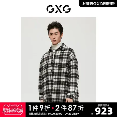 GXG男装 商场同款极简系列黑白格翻领中长大衣 22年冬季新品商品大图