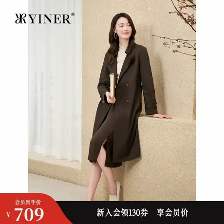 YINER音儿专选秋季法式高织斜纹西装领双排扣风衣外套商品大图