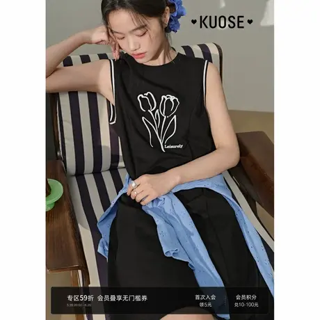 阔色无袖针织修身显瘦连衣裙女2025夏季新款圆领印花小黑裙背心裙图片