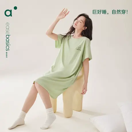 安之伴【巨凉感】带胸垫睡裙女夏款纯棉短袖简约宽松睡衣大码薄款商品大图