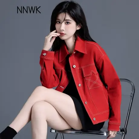清仓安可拉红色牛仔外套女春秋2025年新款百搭时尚夹克小个子短款图片