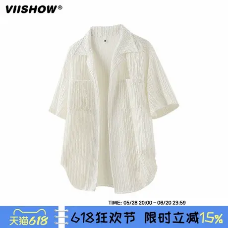VIISHOW夏季男士短袖纯色休闲衬衣潮牌高级宽松日系工装潮流衬衫商品大图