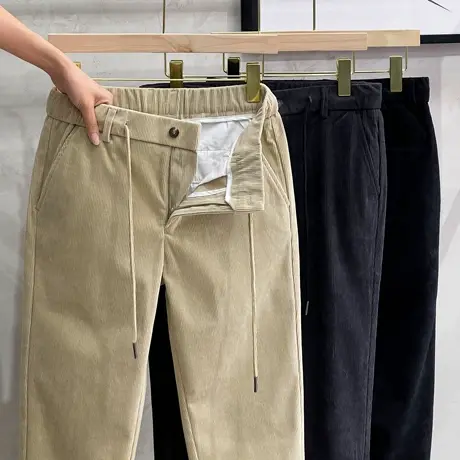 秋冬新品灯芯绒休闲裤男时尚百搭纯色韩版修身松紧腰休闲九分男裤图片