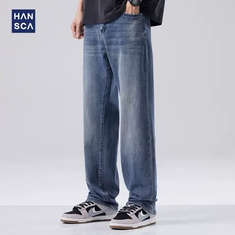 hansca深色弹力直筒牛仔裤男夏季新款水洗做旧复古柔软宽松长裤子商品大图