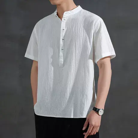 透气短袖t恤男士薄款冰丝休闲立领Polo衫夏季高端白色半袖衣服男商品大图