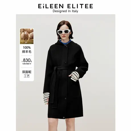 朗姿欧洲EiLEEN ELITEE2024冬季新款复古连帽大衣纯羊毛毛呢外套商品大图