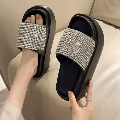 松糕厚底高跟一字拖女夏季网红外穿时尚水钻沙滩防滑踩屎感凉拖鞋商品大图
