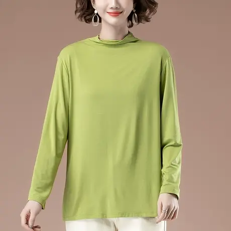 半高领长袖打底衫女春秋加肥加大码女装宽松妈妈纯色遮肚上衣t恤商品大图