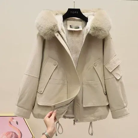 大毛领派克服棉服女短款2023新款冬季韩版加绒工装棉袄棉衣外套潮商品大图