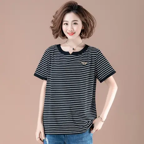 宽松条纹短袖T恤女全棉中长款夏季加肥加大码女装中年妈妈装体恤商品大图