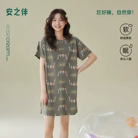安之伴新款夏季女睡裙纯棉甜美卡通宽松休闲短袖中长款睡衣全棉商品大图