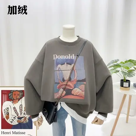 2022冬季韩版宽松印花卡通减龄假两件卫衣女加绒加厚遮臀显瘦洋气商品大图