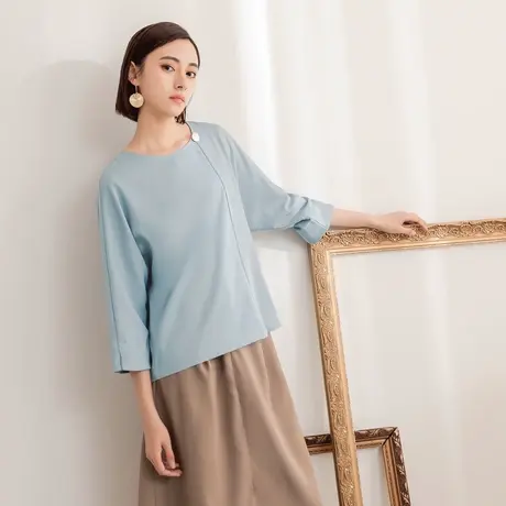 桔熊秋季通勤简约圆领纯色宽松蝙蝠袖上衣女装胖妹妹大码AB17794图片