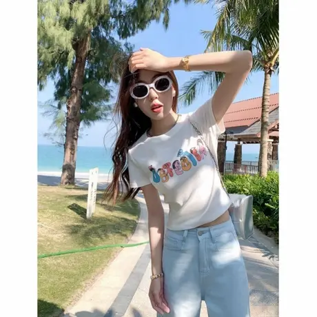 趣味印花正肩短款短袖t恤女2025夏季新款小个子百搭显瘦白色上衣图片
