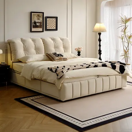 全友家居2025新款奶油风软包布艺床主卧室落地储物1米8双人大床商品大图