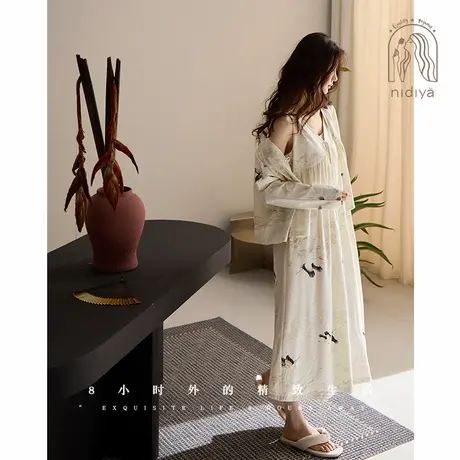 妮狄娅睡衣睡裙女秋季柔软棉吊带裙国风两件套春秋时尚家居服套装商品大图