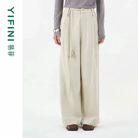 [专柜同款]Yifini/易菲天丝麻棉混纺文艺肌理高级感阔腿裤休闲裤商品大图