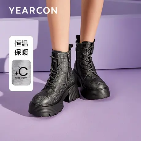 意尔康真皮马丁靴女2025冬款增高厚底短靴复古牛仔印花机车靴加绒商品大图
