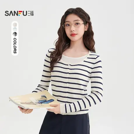 三福毛衣2025秋季纽扣门襟圆领假两件时尚上衣女装508208商品大图