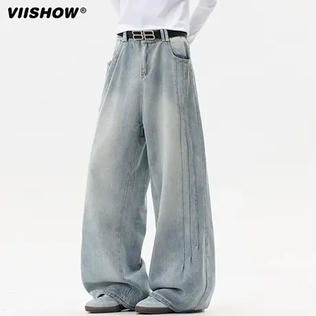 VIISHOW美式水洗做旧牛仔裤男士秋季潮牌复古直筒裤宽松阔腿裤子商品大图