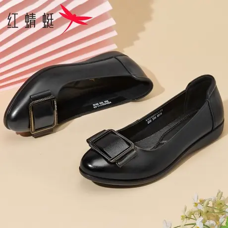 红蜻蜓女鞋秋季真皮浅口时尚方扣中老年妈妈鞋舒适软底女士休闲鞋商品大图
