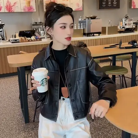 2025春秋季新款休闲小皮衣外套女宽松显瘦pu皮机车服时尚短款夹克商品大图