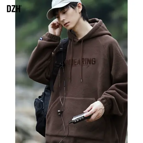 男士咖色连帽卫衣男重磅潮牌秋季摇粒绒上衣2023新款美式复古外套商品大图