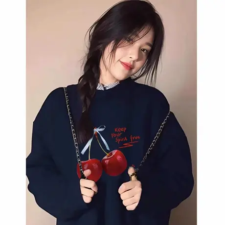 藏蓝色重磅卫衣女2025新款宽松圆领蝴蝶结樱桃长袖早秋薄款上衣潮商品大图