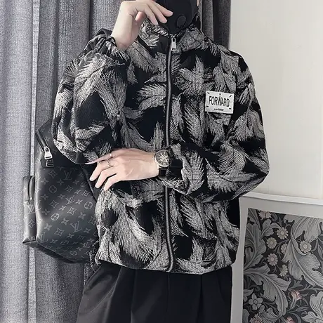 立领夹克秋季2023新款个性宽松复古休闲上衣花色青年印花秋装外套商品大图