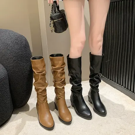 法式复古长筒靴女2023年新款秋季不过膝靴子粗跟高级感尖头堆堆靴商品大图