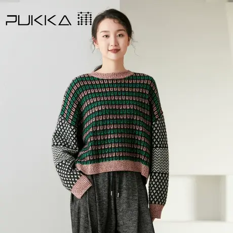 蒲PUKKA 毛衣女圆领青粉条纹纯羊毛针织毛衣慵懒风毛衫保暖冬款商品大图