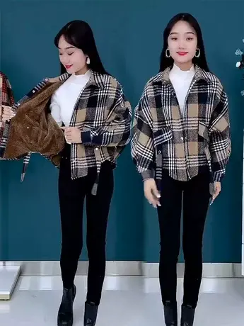 短款蝙蝠袖格子衬衫外套女保暖长袖上衣2023秋冬新款加绒加厚衬衣商品大图