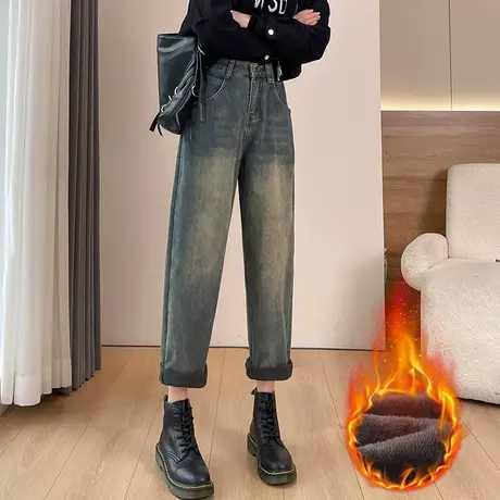 九分哈伦牛仔裤女加绒加厚保暖秋冬新款宽松显瘦小个子老爹萝卜裤商品大图
