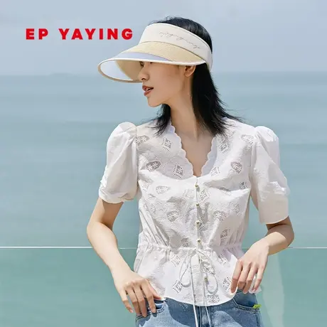 EP雅莹女装 法式白色短款衬衫女 纯棉刺绣上衣 新款2207B图片