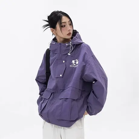复古潮牌冲锋衣女2023新款春秋连帽工装外套宽松oversize夹克上衣商品大图