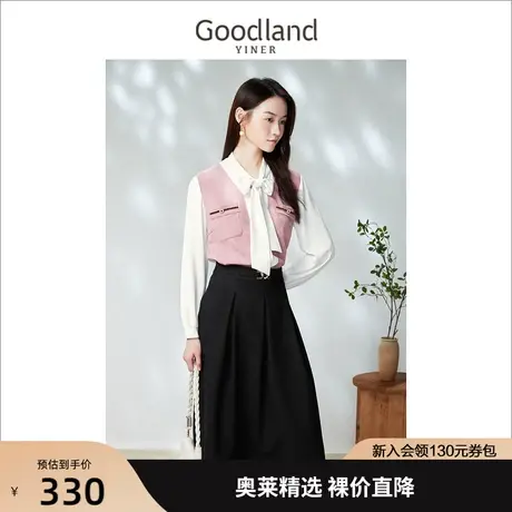 【情人节礼物】音儿美地女装2023春季蝴蝶结飘带假两件撞色衬衫图片