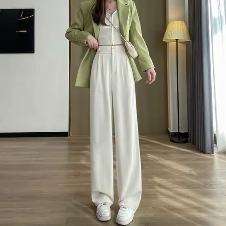 窄版阔腿裤女2024年春秋高腰显瘦垂感裤子直筒拖地白色休闲西装裤商品大图
