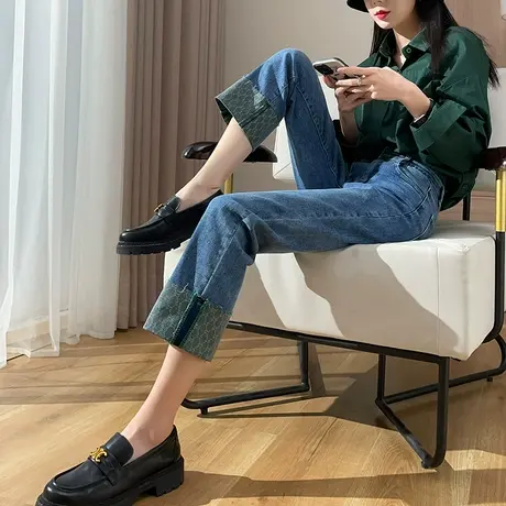 牛仔裤女春秋2024年新款高腰烟管裤显瘦浅色小个子九分翻边直筒裤商品大图