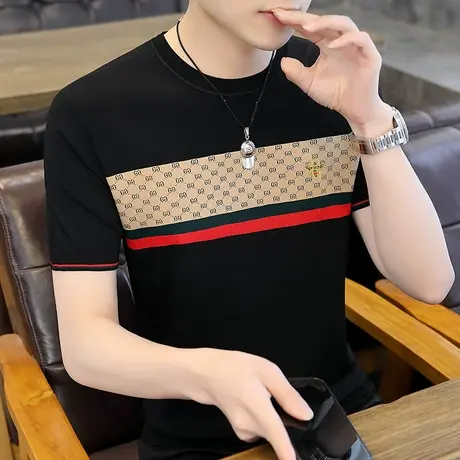 高品质冰丝短袖t恤男夏季休闲针织圆领体恤衫潮牌薄款半袖男上衣T商品大图