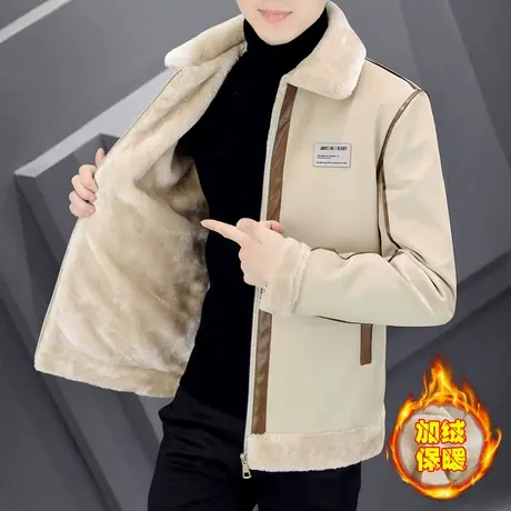 冬季加绒加厚鹿皮绒夹克男士潮流机车服皮衣防风皮毛一体保暖外套商品大图