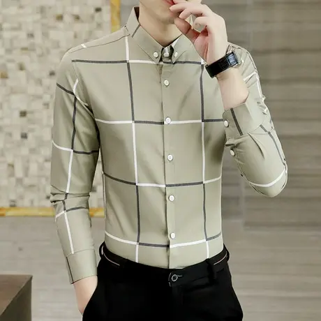 高级感格子休闲衬衫男士长袖春秋季薄款高端衬衣商务修身潮流寸衫图片