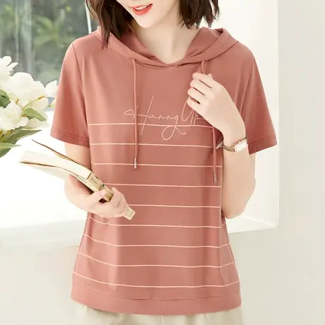 纯棉条纹t恤衫2023年新款夏装洋气女士短袖体恤宽松显瘦连帽上衣商品大图