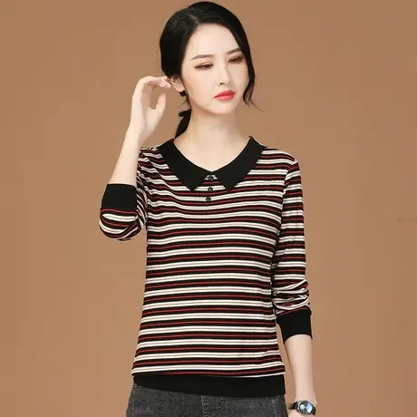 韩潮袭人高级感娃娃领条纹T恤女2024春装新款宽松长袖体恤衫上衣图片